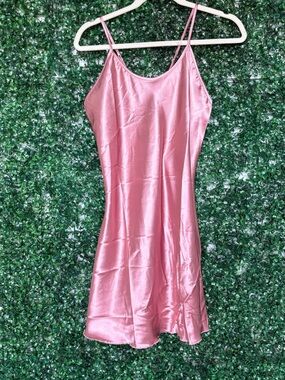 Women's Pink Satin Slip Chemise with Spaghetti Straps